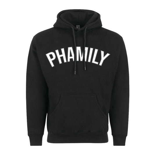 Phamily Arch Black Hoodie (White and Grey Print)